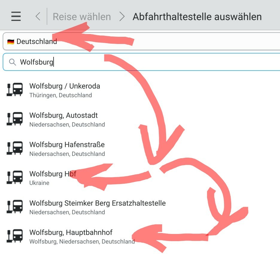 KDE iternary: when searching for "Wolfsburg Hbf" in "Deutschland" the software shows "Wolfsburg Hbf" in "Ukraine" first and you need to scroll down to actually find "Wolfsburg Hbf" in "Deutschland".