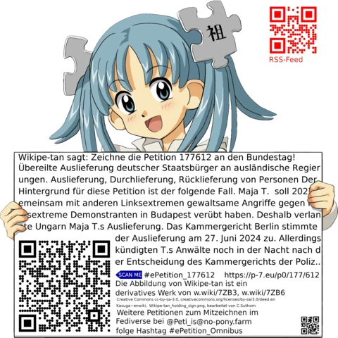 Sharepic zur Petition 177612 für Toots, Posts, Chats, Poster, Banner, Flyer, T-Shirts, Tassen mit QR-Code, der direkt zur Mitzeichnen-Seite des Bundestags oder dem Login der Bundestags-Petitionsseite führt