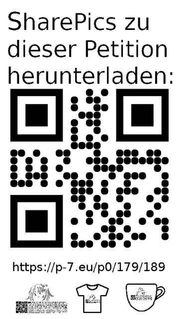 QR code und Link zur Download-Seite für die Sharepics der ePetition 179189, https://p-7.eu/p0/179/189