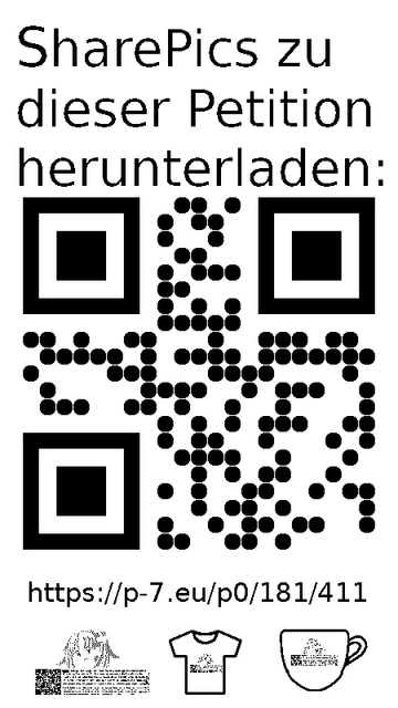 QR code und Link zur Download-Seite für die Sharepics der ePetition 181411, https://p-7.eu/p0/181/411