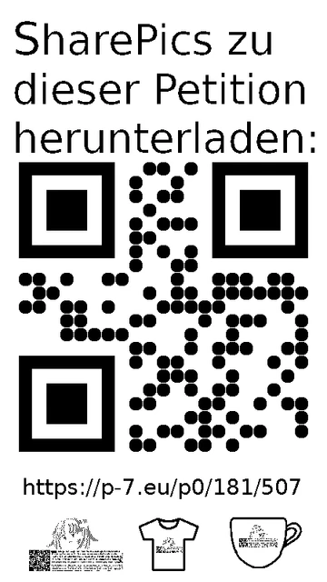 QR code und Link zur Download-Seite für die Sharepics der ePetition 181507, https://p-7.eu/p0/181/507