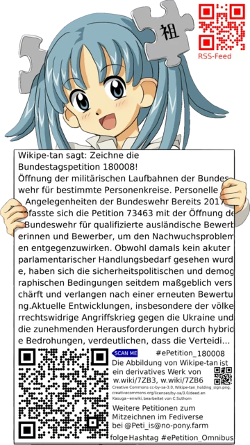Sharepic zur Petition 180008 für Toots, Posts, Chats, Poster, Banner, Flyer, T-Shirts, Tassen mit QR-Code, der direkt zur Mitzeichnen-Seite des Bundestags oder dem Login der Bundestags-Petitionsseite führt