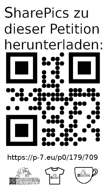 QR code und Link zur Download-Seite für die Sharepics der ePetition 179709, https://p-7.eu/p0/179/709