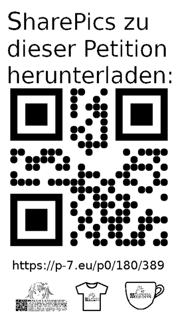 QR code und Link zur Download-Seite für die Sharepics der ePetition 180389, https://p-7.eu/p0/180/389