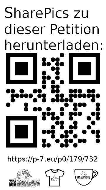 QR code und Link zur Download-Seite für die Sharepics der ePetition 179732, https://p-7.eu/p0/179/732