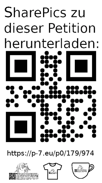 QR code und Link zur Download-Seite für die Sharepics der ePetition 179974, https://p-7.eu/p0/179/974