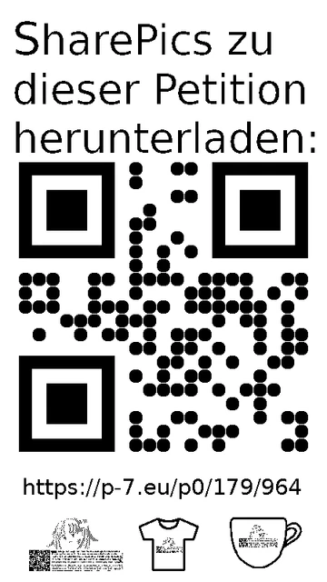 QR code und Link zur Download-Seite für die Sharepics der ePetition 179964, https://p-7.eu/p0/179/964