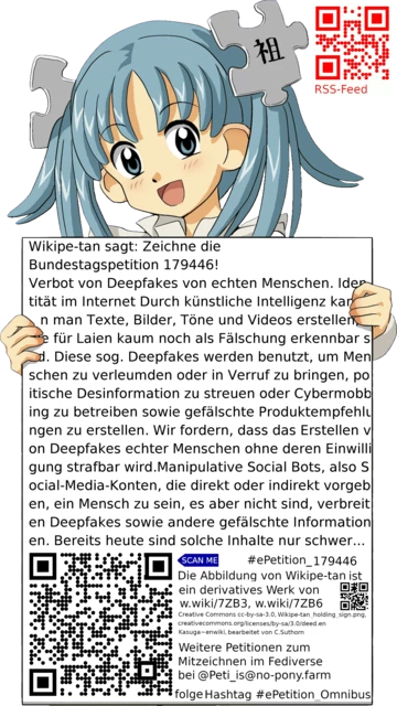 Sharepic zur Petition 179446 für Toots, Posts, Chats, Poster, Banner, Flyer, T-Shirts, Tassen mit QR-Code, der direkt zur Mitzeichnen-Seite des Bundestags oder dem Login der Bundestags-Petitionsseite führt