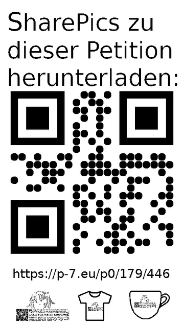 QR code und Link zur Download-Seite für die Sharepics der ePetition 179446, https://p-7.eu/p0/179/446