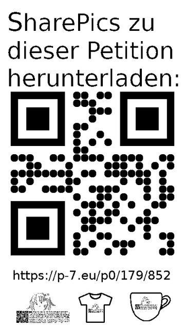 QR code und Link zur Download-Seite für die Sharepics der ePetition 179852, https://p-7.eu/p0/179/852