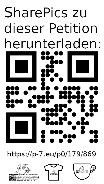 QR code und Link zur Download-Seite für die Sharepics der ePetition 179869, https://p-7.eu/p0/179/869