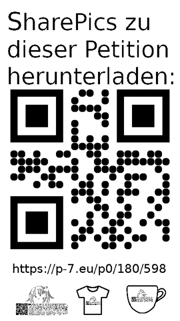 QR code und Link zur Download-Seite für die Sharepics der ePetition 180598, https://p-7.eu/p0/180/598
