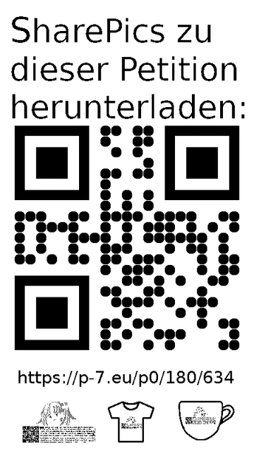 QR code und Link zur Download-Seite für die Sharepics der ePetition 180634, https://p-7.eu/p0/180/634