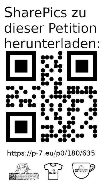 QR code und Link zur Download-Seite für die Sharepics der ePetition 180635, https://p-7.eu/p0/180/635