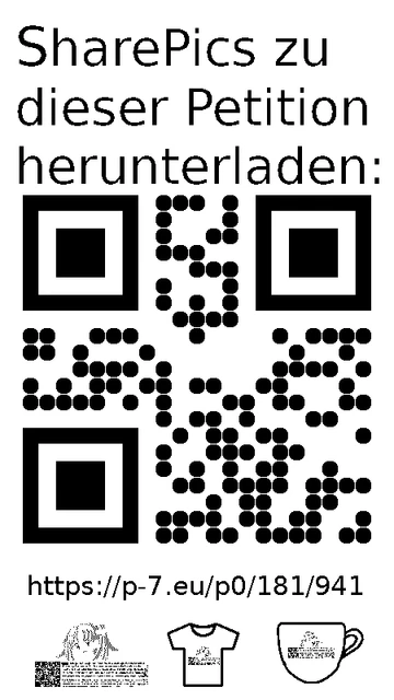 QR code und Link zur Download-Seite für die Sharepics der ePetition 181941, https://p-7.eu/p0/181/941