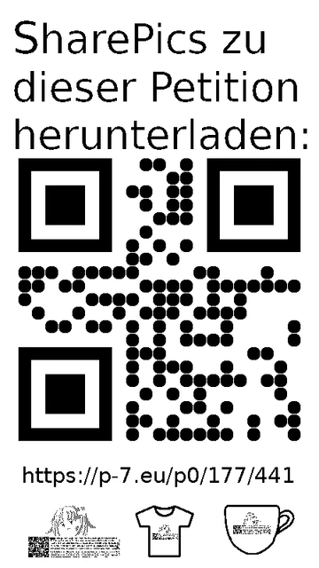 QR code und Link zur Download-Seite für die Sharepics der ePetition 177441, https://p-7.eu/p0/177/441