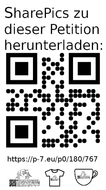 QR code und Link zur Download-Seite für die Sharepics der ePetition 180767, https://p-7.eu/p0/180/767