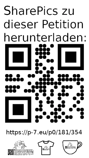 QR code und Link zur Download-Seite für die Sharepics der ePetition 181354, https://p-7.eu/p0/181/354