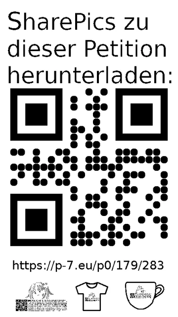 QR code und Link zur Download-Seite für die Sharepics der ePetition 179283, https://p-7.eu/p0/179/283