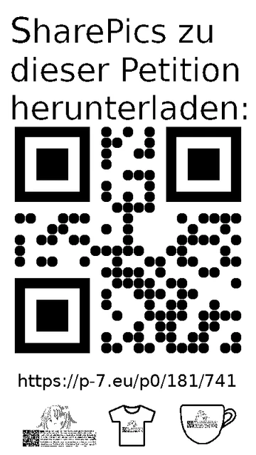 QR code und Link zur Download-Seite für die Sharepics der ePetition 181741, https://p-7.eu/p0/181/741