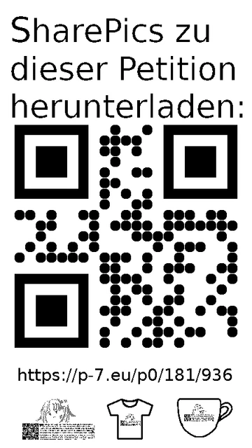 QR code und Link zur Download-Seite für die Sharepics der ePetition 181936, https://p-7.eu/p0/181/936