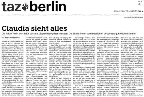 Taz, heute, seite 21.superrecognizer bei der berliner polizei