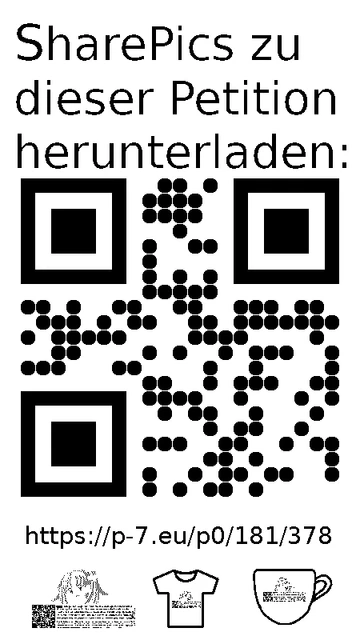 QR code und Link zur Download-Seite für die Sharepics der ePetition 181378, https://p-7.eu/p0/181/378