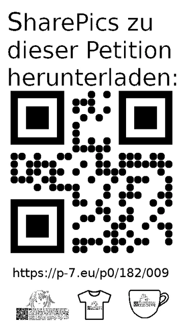 QR code und Link zur Download-Seite für die Sharepics der ePetition 182009, https://p-7.eu/p0/182/009