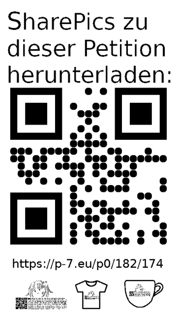 QR code und Link zur Download-Seite für die Sharepics der ePetition 182174, https://p-7.eu/p0/182/174