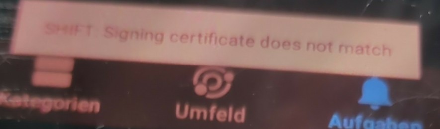 Screenshot Shiftphone 8.1, F-Droid. Toast: "SHIFT: Signing certificate does not match". Shift OS G