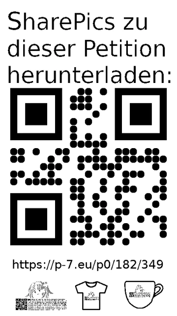 QR code und Link zur Download-Seite für die Sharepics der ePetition 182349, https://p-7.eu/p0/182/349