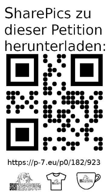 QR code und Link zur Download-Seite für die Sharepics der ePetition 182923, https://p-7.eu/p0/182/923