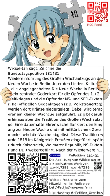 Sharepic zur Petition 181431 für Toots, Posts, Chats, Poster, Banner, Flyer, T-Shirts, Tassen mit QR-Code, der direkt zur Mitzeichnen-Seite des Bundestags oder dem Login der Bundestags-Petitionsseite führt