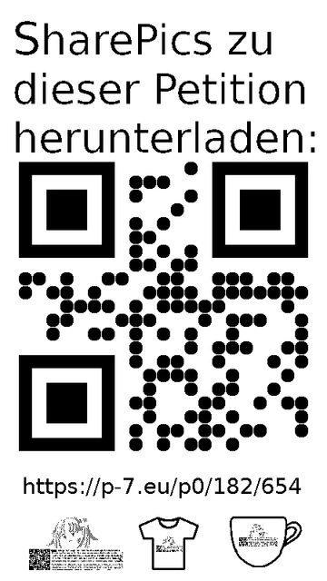 QR code und Link zur Download-Seite für die Sharepics der ePetition 182654, https://p-7.eu/p0/182/654