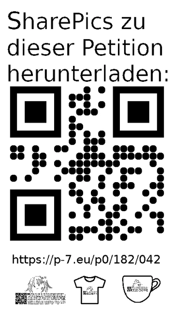 QR code und Link zur Download-Seite für die Sharepics der ePetition 182042, https://p-7.eu/p0/182/042