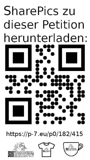 QR code und Link zur Download-Seite für die Sharepics der ePetition 182415, https://p-7.eu/p0/182/415