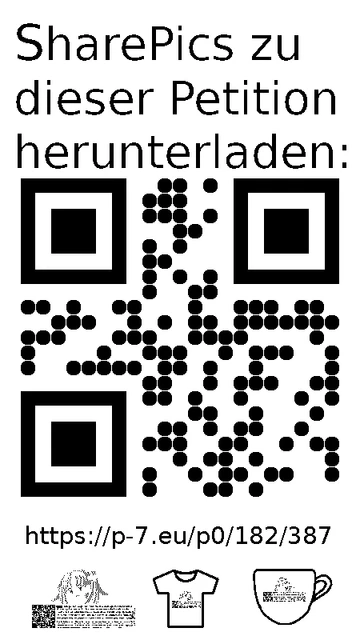 QR code und Link zur Download-Seite für die Sharepics der ePetition 182387, https://p-7.eu/p0/182/387