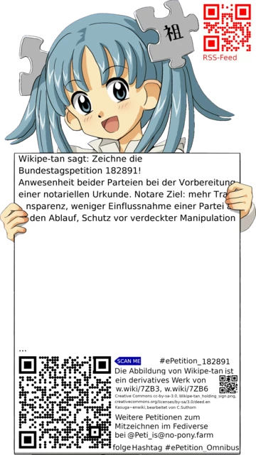 Sharepic zur Petition 182891 für Toots, Posts, Chats, Poster, Banner, Flyer, T-Shirts, Tassen mit QR-Code, der direkt zur Mitzeichnen-Seite des Bundestags oder dem Login der Bundestags-Petitionsseite führt