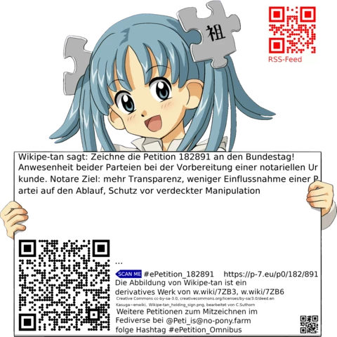 Sharepic zur Petition 182891 für Toots, Posts, Chats, Poster, Banner, Flyer, T-Shirts, Tassen mit QR-Code, der direkt zur Mitzeichnen-Seite des Bundestags oder dem Login der Bundestags-Petitionsseite führt
