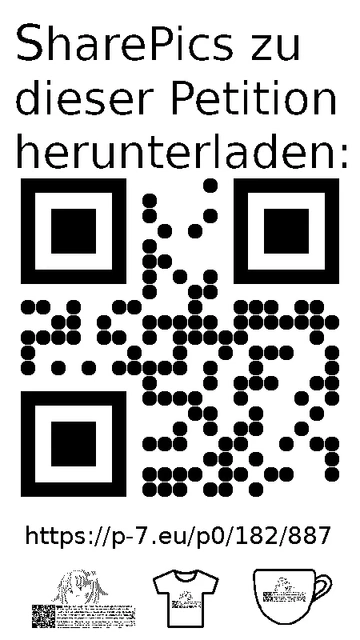 QR code und Link zur Download-Seite für die Sharepics der ePetition 182887, https://p-7.eu/p0/182/887