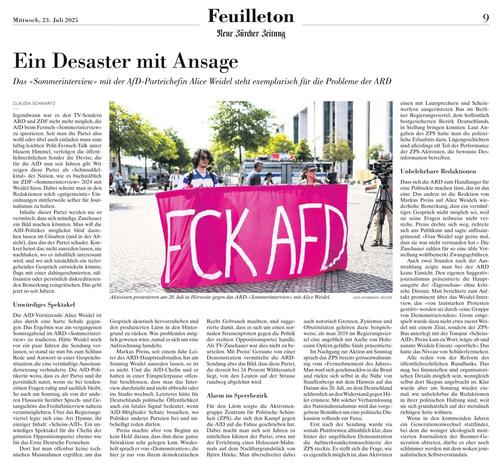 NZZ über das Sommerinterview der ARD neulich mit Frauke Petry oder so ähnlich. ARD sei dumm, nicht vorbereitet gewesen zu sein.