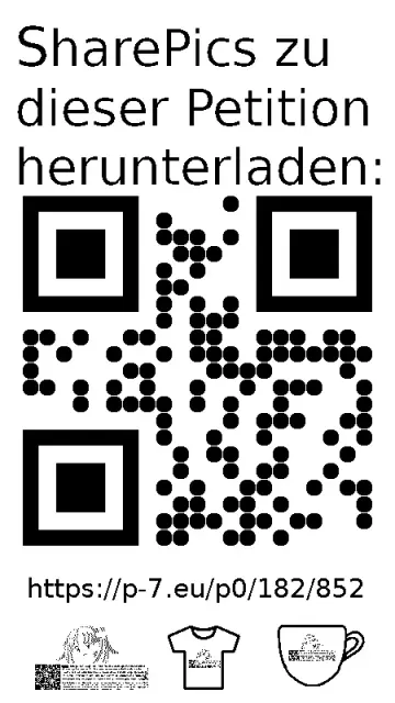 QR code und Link zur Download-Seite für die Sharepics der ePetition 182852, https://p-7.eu/p0/182/852