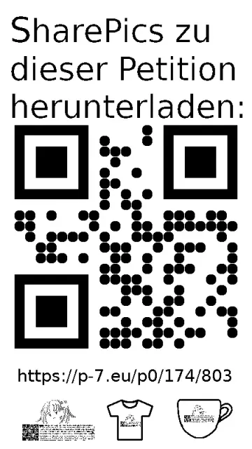 QR code und Link zur Download-Seite für die Sharepics der ePetition 174803, https://p-7.eu/p0/174/803