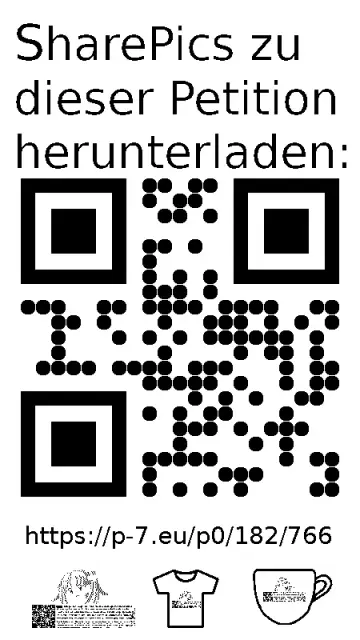 QR code und Link zur Download-Seite für die Sharepics der ePetition 182766, https://p-7.eu/p0/182/766