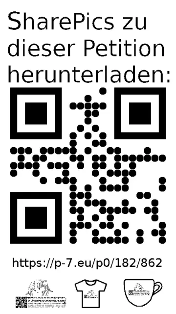 QR code und Link zur Download-Seite für die Sharepics der ePetition 182862, https://p-7.eu/p0/182/862