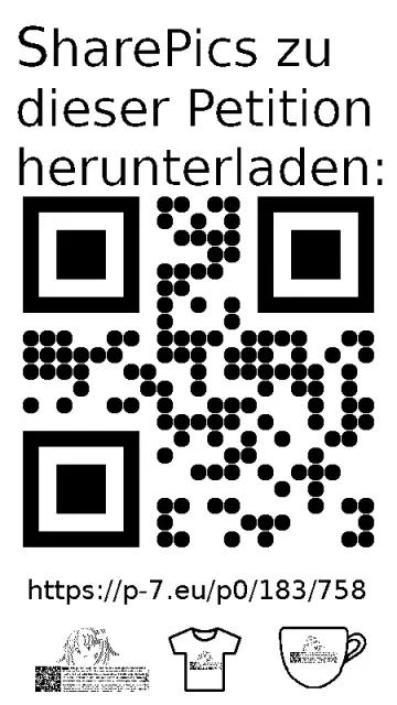 QR code und Link zur Download-Seite für die Sharepics der ePetition 183758, https://p-7.eu/p0/183/758