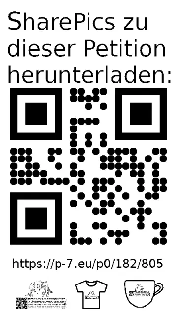 QR code und Link zur Download-Seite für die Sharepics der ePetition 182805, https://p-7.eu/p0/182/805