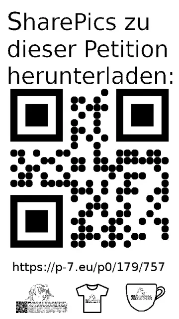QR code und Link zur Download-Seite für die Sharepics der ePetition 179757, https://p-7.eu/p0/179/757