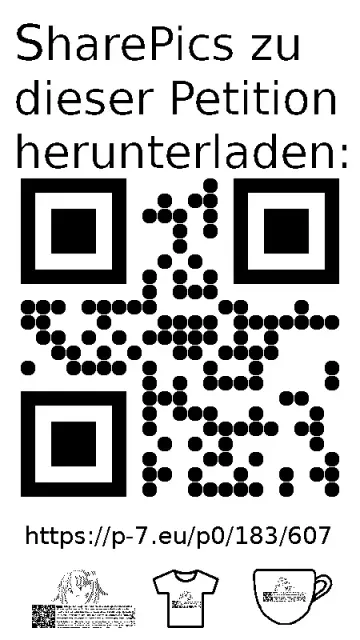 QR code und Link zur Download-Seite für die Sharepics der ePetition 183607, https://p-7.eu/p0/183/607