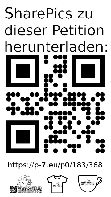 QR code und Link zur Download-Seite für die Sharepics der ePetition 183368, https://p-7.eu/p0/183/368